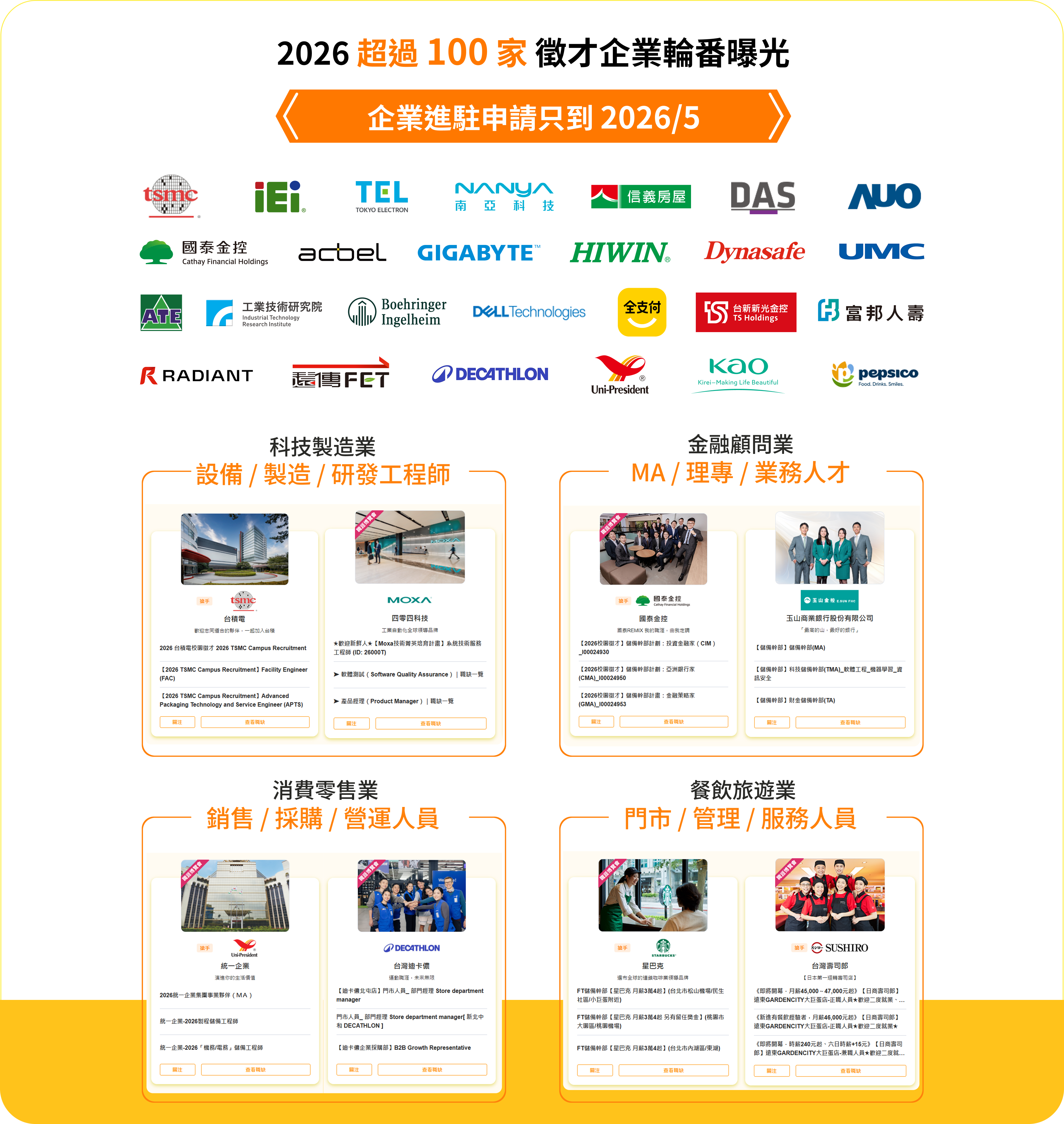 2026年百家企業徵才資訊：科技製造、金融顧問、消費零售及餐旅業職缺一覽，企業申請截止2026/5